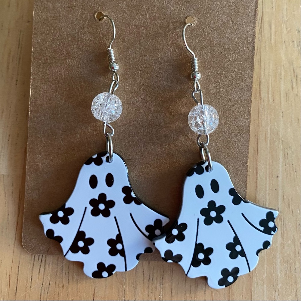 Hand Crafted Floral Ghost Beaded Dangle Earrings